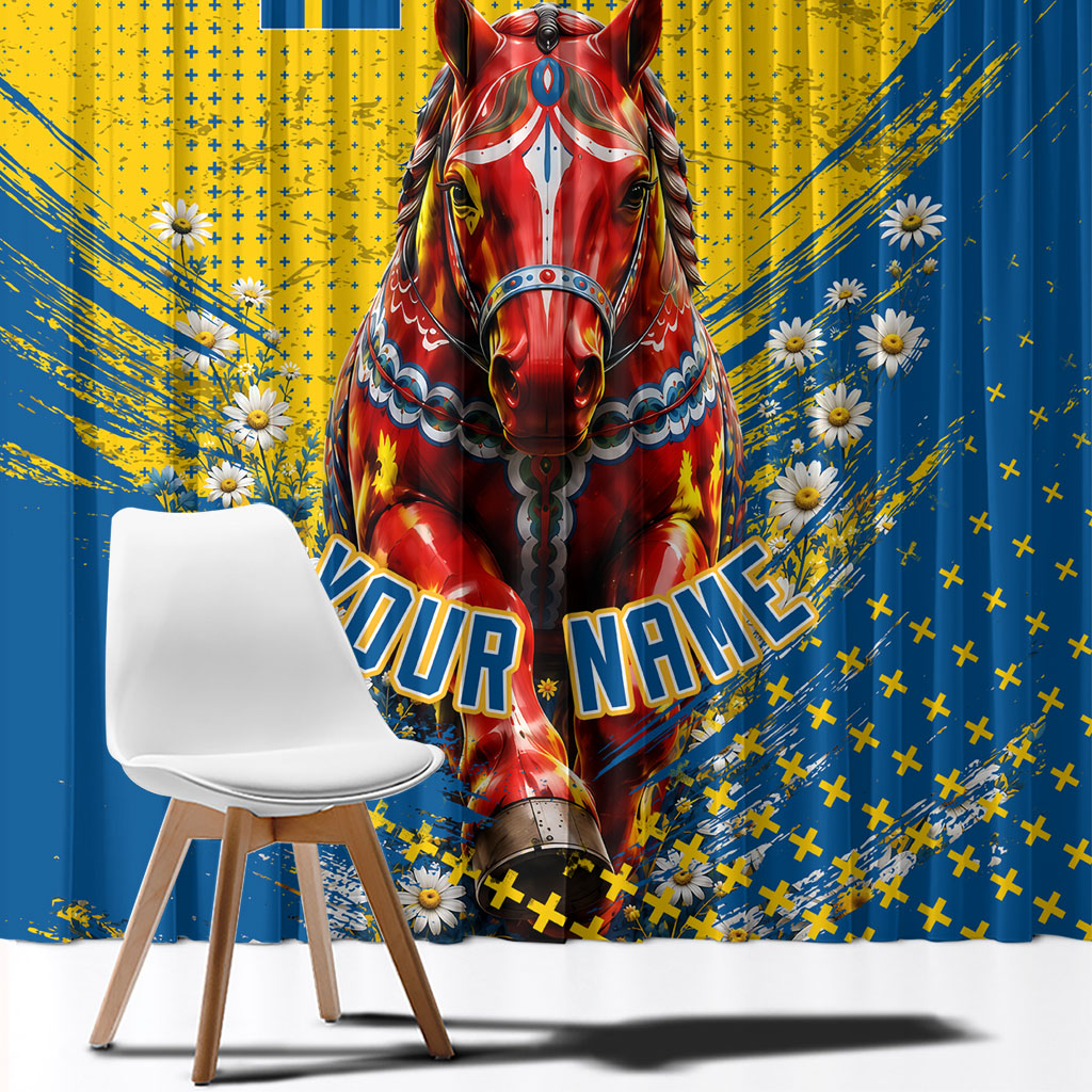 Personalized Sweden Dala Horse Soccer Window Curtain Grunge Swedish Flag Cheering Fans Floral