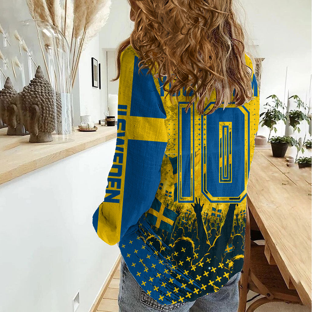 Personalized Sweden Dala Horse Soccer Women Casual Shirt Grunge Swedish Flag Cheering Fans Floral