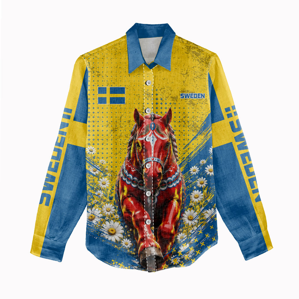 Personalized Sweden Dala Horse Soccer Women Casual Shirt Grunge Swedish Flag Cheering Fans Floral