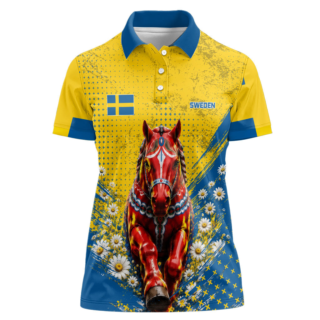 Personalized Sweden Dala Horse Soccer Women Polo Shirt Grunge Swedish Flag Cheering Fans Floral