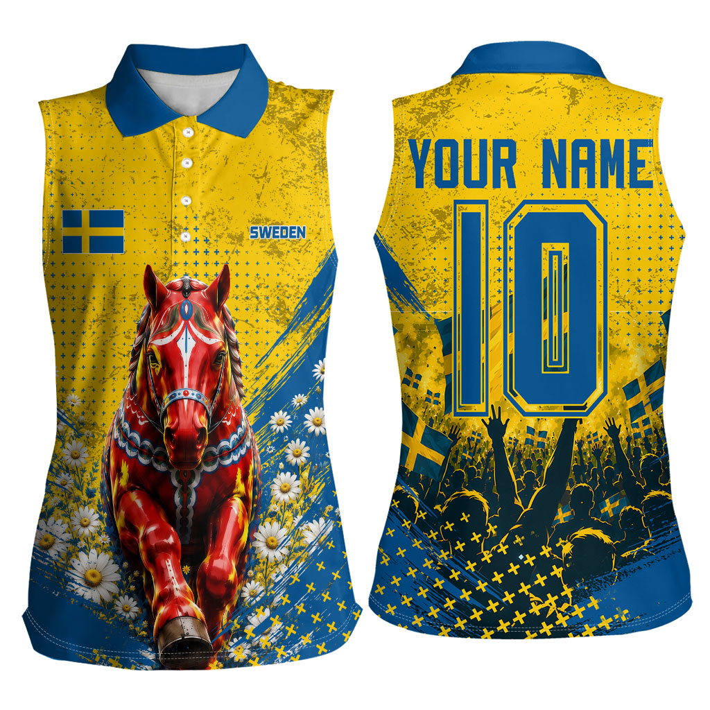 Personalized Sweden Dala Horse Soccer Women Sleeveless Polo Shirt Grunge Swedish Flag Cheering Fans Floral