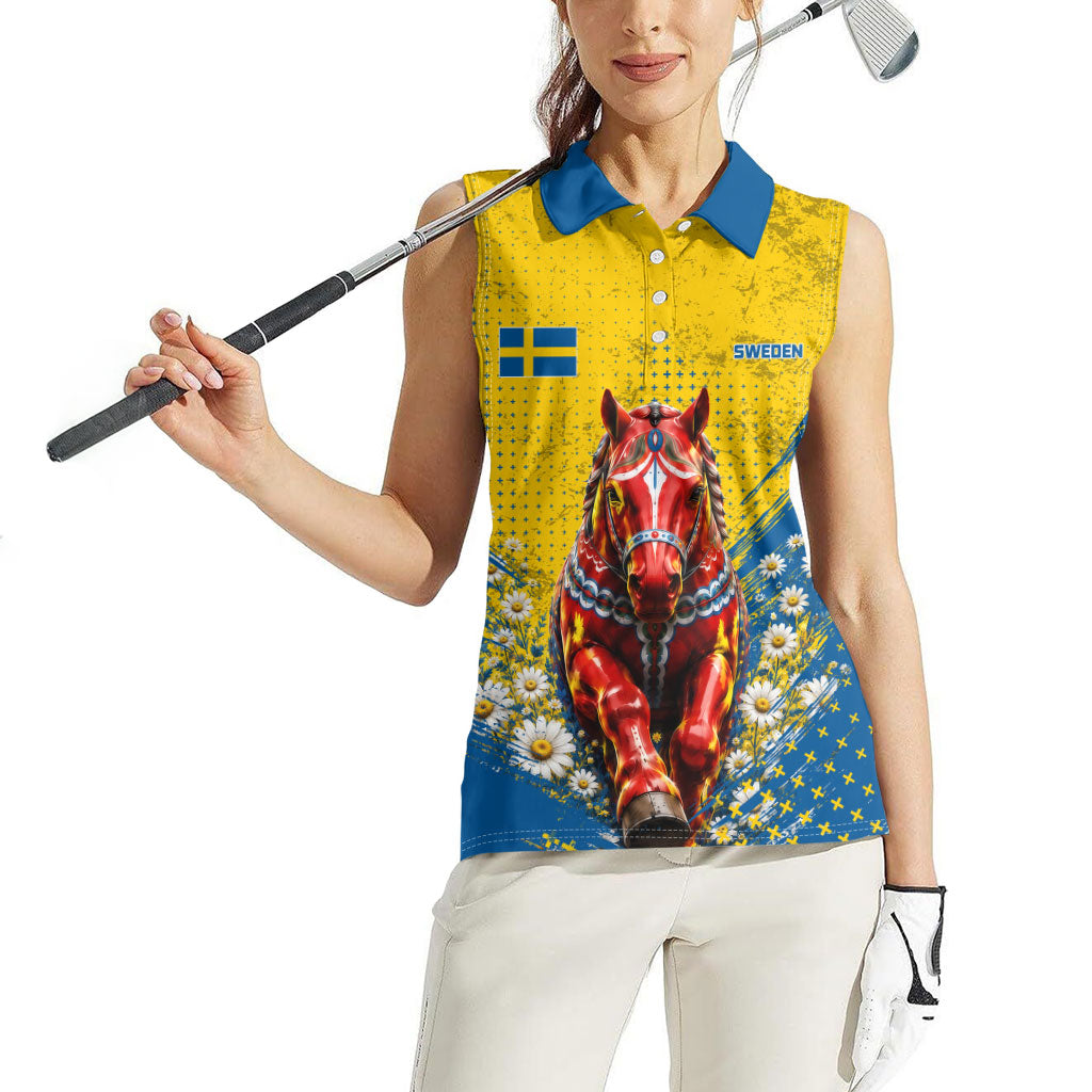 Personalized Sweden Dala Horse Soccer Women Sleeveless Polo Shirt Grunge Swedish Flag Cheering Fans Floral
