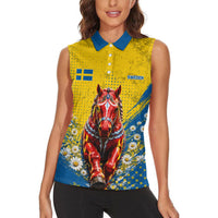 Personalized Sweden Dala Horse Soccer Women Sleeveless Polo Shirt Grunge Swedish Flag Cheering Fans Floral