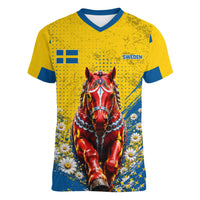 Personalized Sweden Dala Horse Soccer Women V-Neck T-Shirt Grunge Swedish Flag Cheering Fans Floral