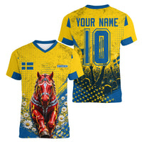 Personalized Sweden Dala Horse Soccer Women V-Neck T-Shirt Grunge Swedish Flag Cheering Fans Floral