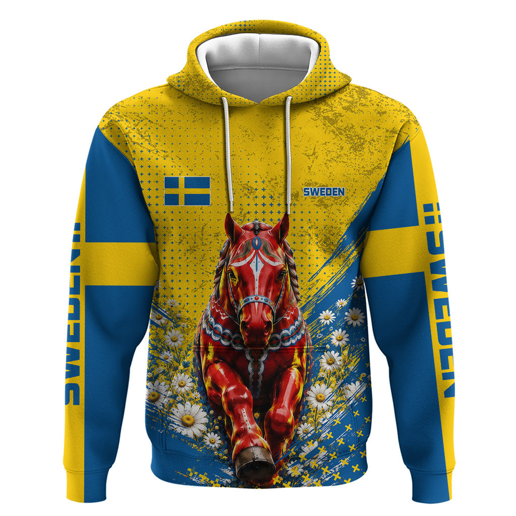 Personalized Sweden Dala Horse Soccer Zip Hoodie Grunge Swedish Flag Cheering Fans Floral