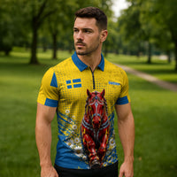 Personalized Sweden Dala Horse Soccer Zipper Polo Shirt Grunge Swedish Flag Cheering Fans Floral