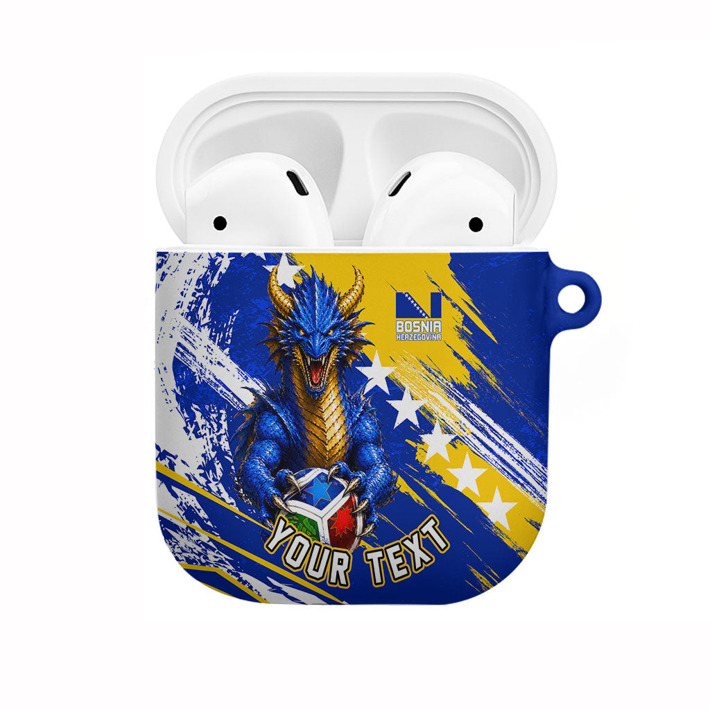 Personalized Bosnia Herzegovina Dragon Soccer AirPods Case Bosnian Football Flag Stars Fleur De Lis Grunge