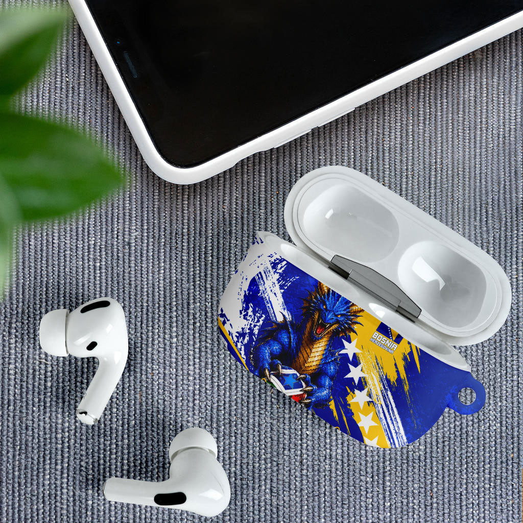 Personalized Bosnia Herzegovina Dragon Soccer AirPods Case Bosnian Football Flag Stars Fleur De Lis Grunge