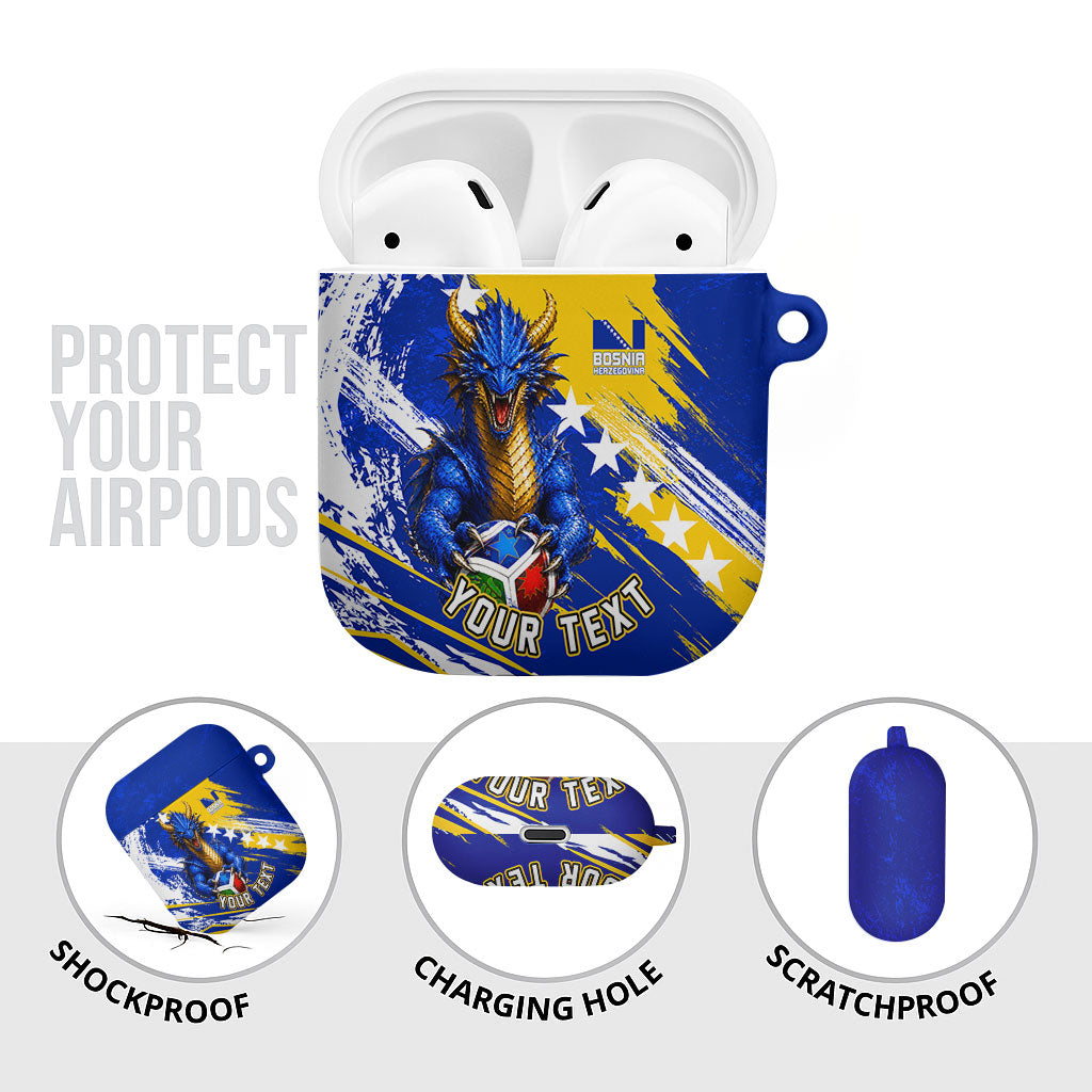 Personalized Bosnia Herzegovina Dragon Soccer AirPods Case Bosnian Football Flag Stars Fleur De Lis Grunge