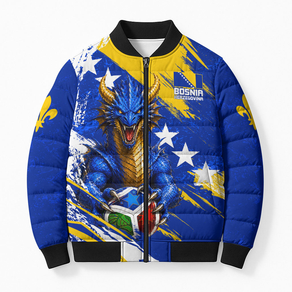 Personalized Bosnia Herzegovina Dragon Soccer Bomber Puffer Jacket Bosnian Football Flag Stars Fleur De Lis Grunge