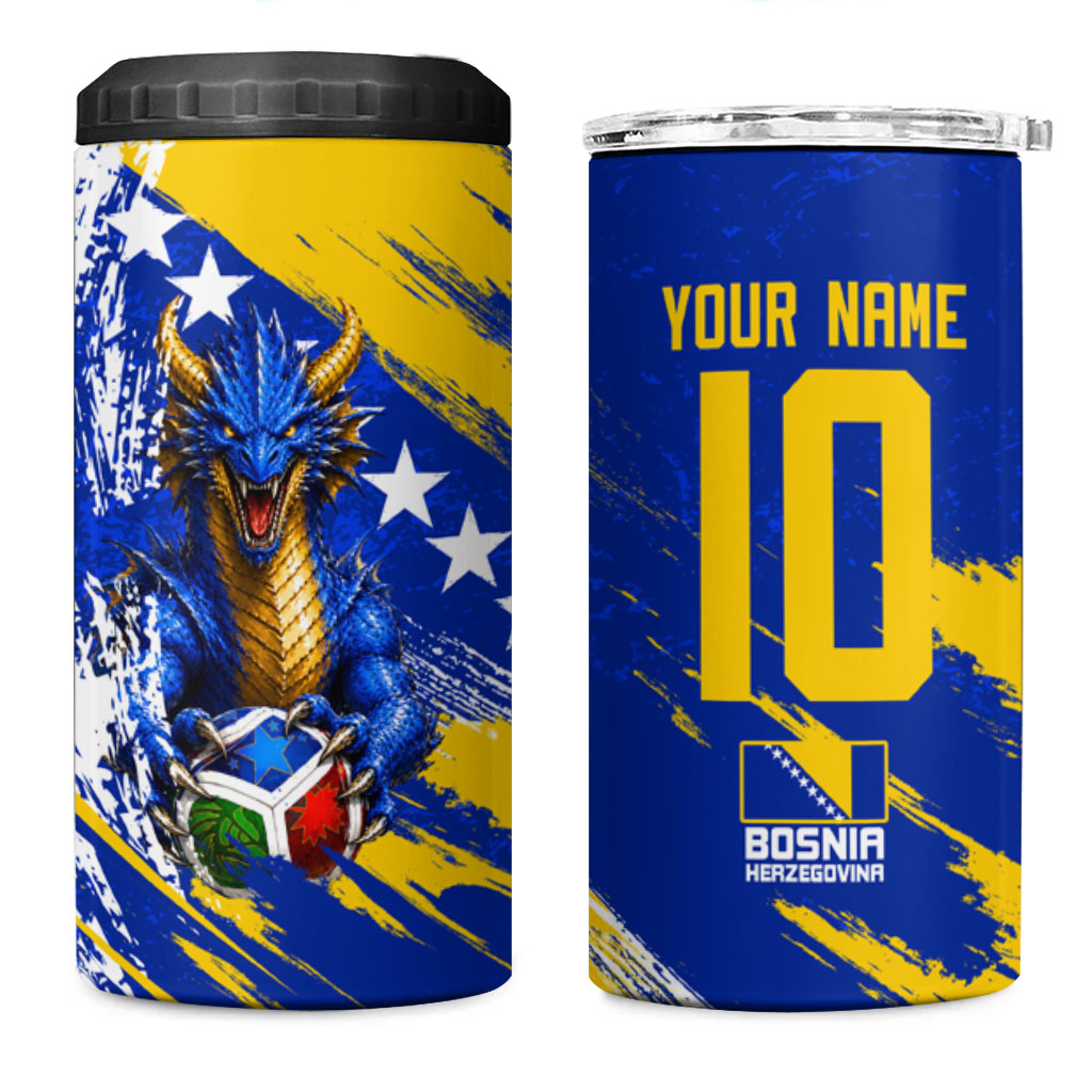 Personalized Bosnia Herzegovina Dragon Soccer 4 in 1 Can Cooler Tumbler Bosnian Football Flag Stars Fleur De Lis Grunge