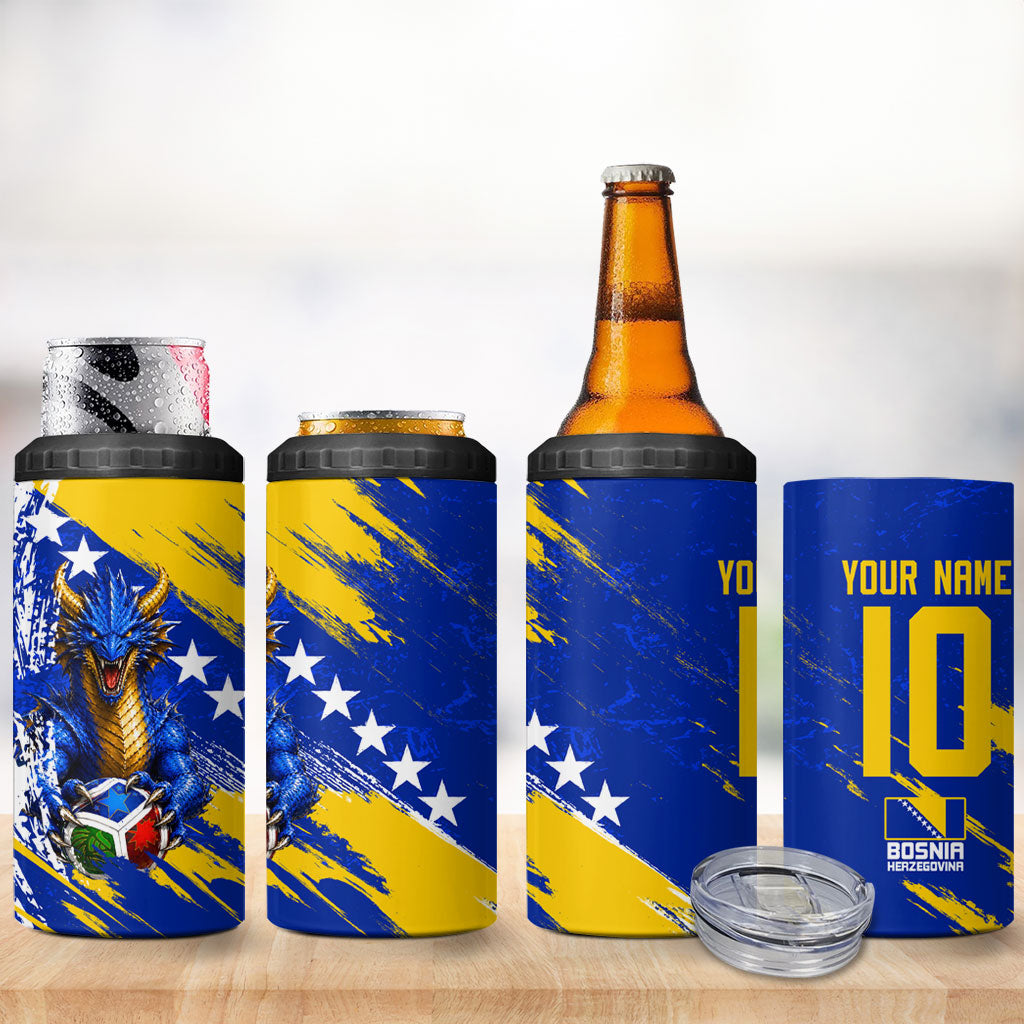 Personalized Bosnia Herzegovina Dragon Soccer 4 in 1 Can Cooler Tumbler Bosnian Football Flag Stars Fleur De Lis Grunge