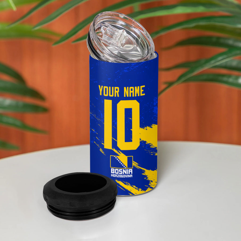 Personalized Bosnia Herzegovina Dragon Soccer 4 in 1 Can Cooler Tumbler Bosnian Football Flag Stars Fleur De Lis Grunge