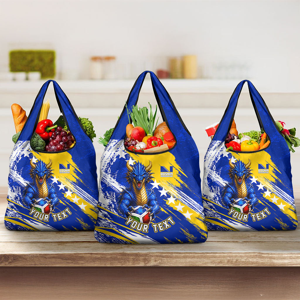 Personalized Bosnia Herzegovina Dragon Soccer Grocery Bag Bosnian Football Flag Stars Fleur De Lis Grunge