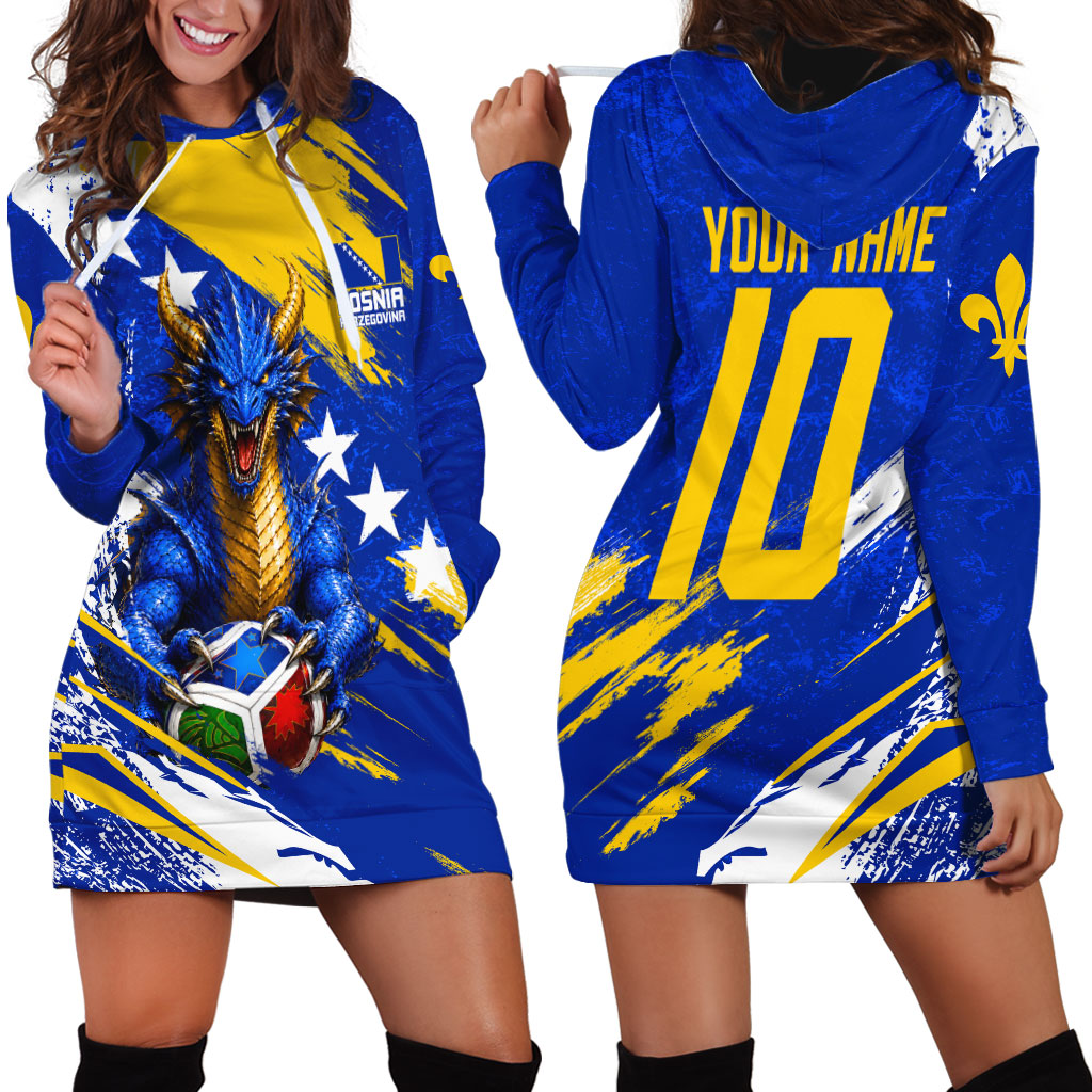 Personalized Bosnia Herzegovina Dragon Soccer Hoodie Dress Bosnian Football Flag Stars Fleur De Lis Grunge