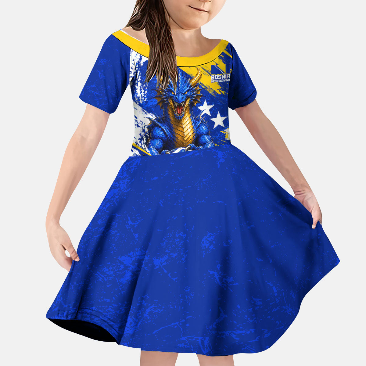 Personalized Bosnia Herzegovina Dragon Soccer Kid Short Sleeve Dress Bosnian Football Flag Stars Fleur De Lis Grunge