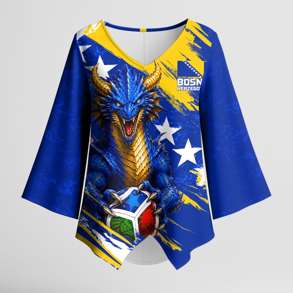 Personalized Bosnia Herzegovina Dragon Soccer Kimono Sleeve Blouse Bosnian Football Flag Stars Fleur De Lis Grunge