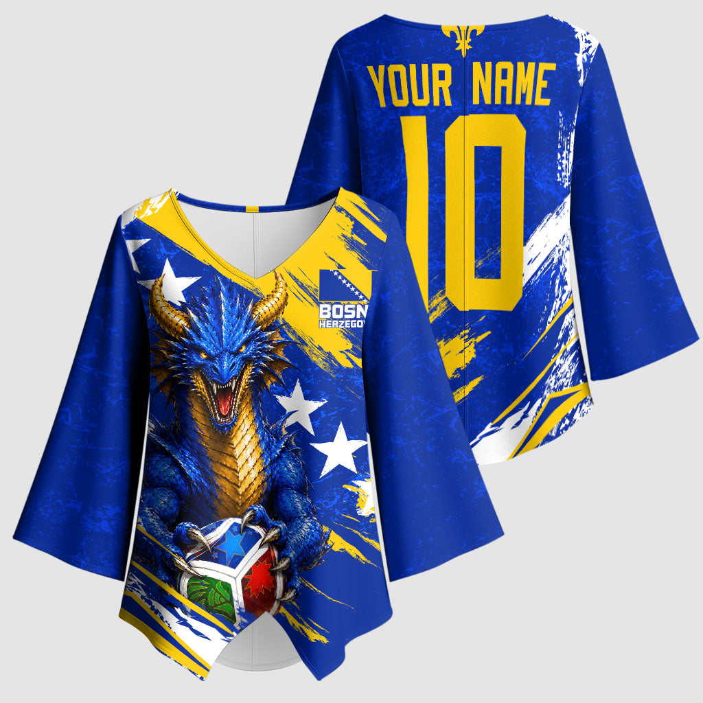 Personalized Bosnia Herzegovina Dragon Soccer Kimono Sleeve Blouse Bosnian Football Flag Stars Fleur De Lis Grunge