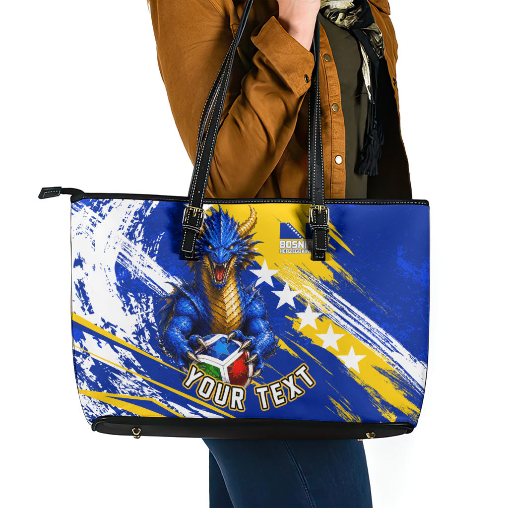 Personalized Bosnia Herzegovina Dragon Soccer Leather Tote Bag Bosnian Football Flag Stars Fleur De Lis Grunge