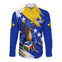 Personalized Bosnia Herzegovina Dragon Soccer Long Sleeve Button Shirt Bosnian Football Flag Stars Fleur De Lis Grunge
