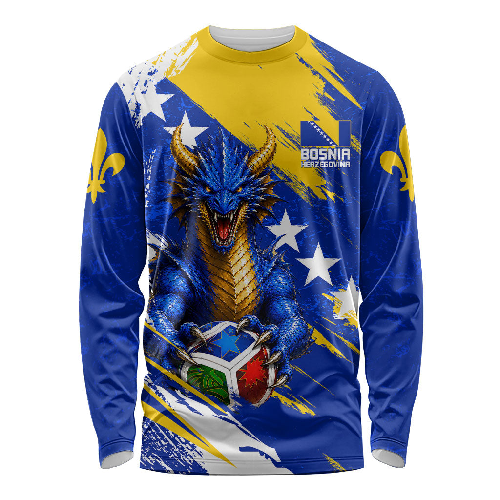 Personalized Bosnia Herzegovina Dragon Soccer Long Sleeve Shirt Bosnian Football Flag Stars Fleur De Lis Grunge