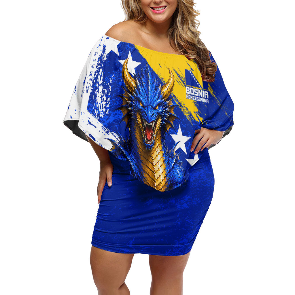 Personalized Bosnia Herzegovina Dragon Soccer Off Shoulder Short Dress Bosnian Football Flag Stars Fleur De Lis Grunge
