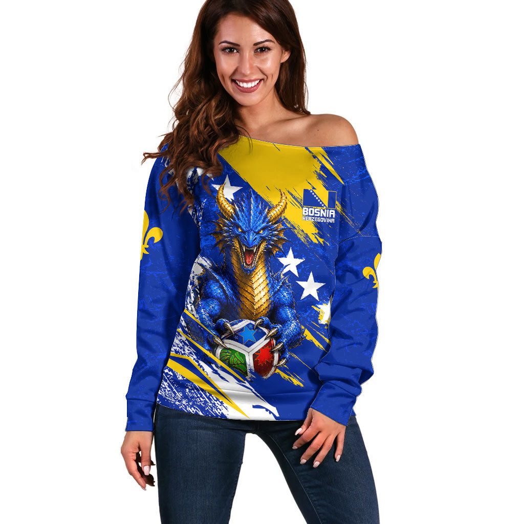 Personalized Bosnia Herzegovina Dragon Soccer Off Shoulder Sweater Bosnian Football Flag Stars Fleur De Lis Grunge
