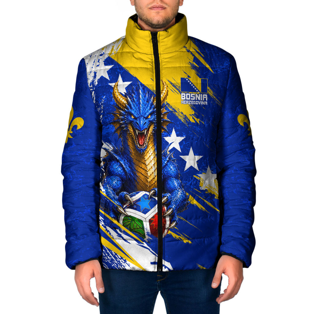 Personalized Bosnia Herzegovina Dragon Soccer Padded Jacket Bosnian Football Flag Stars Fleur De Lis Grunge