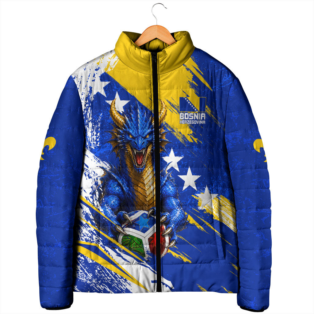 Personalized Bosnia Herzegovina Dragon Soccer Padded Jacket Bosnian Football Flag Stars Fleur De Lis Grunge