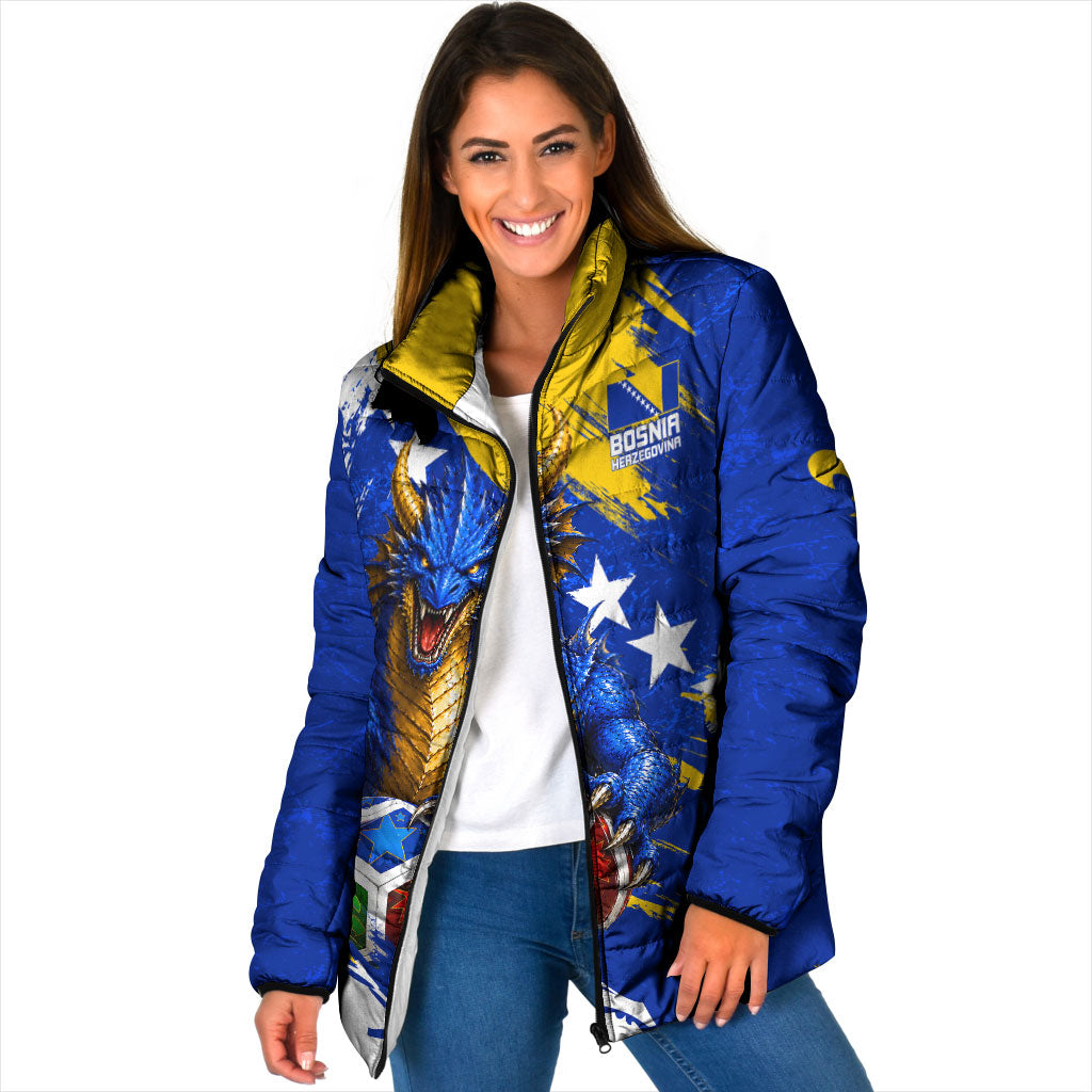 Personalized Bosnia Herzegovina Dragon Soccer Padded Jacket Bosnian Football Flag Stars Fleur De Lis Grunge