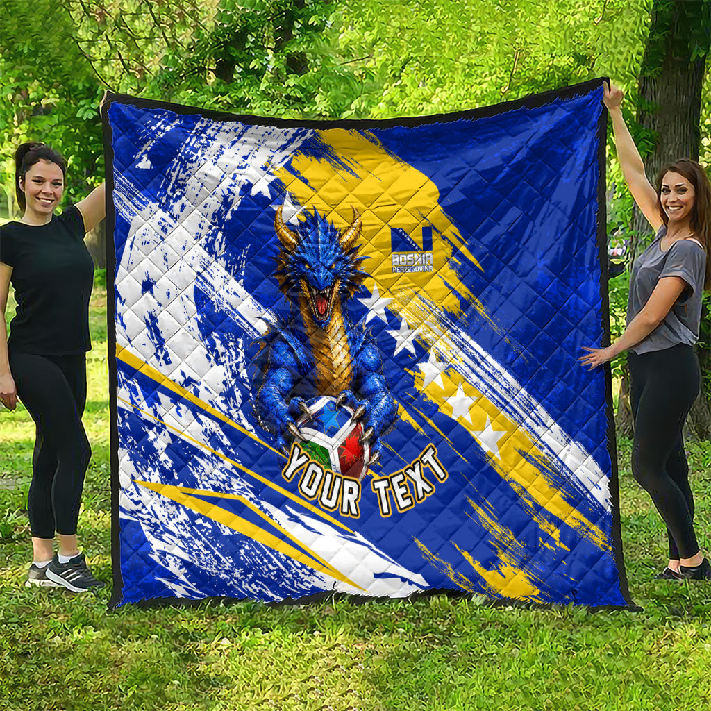 Personalized Bosnia Herzegovina Dragon Soccer Quilt Bosnian Football Flag Stars Fleur De Lis Grunge