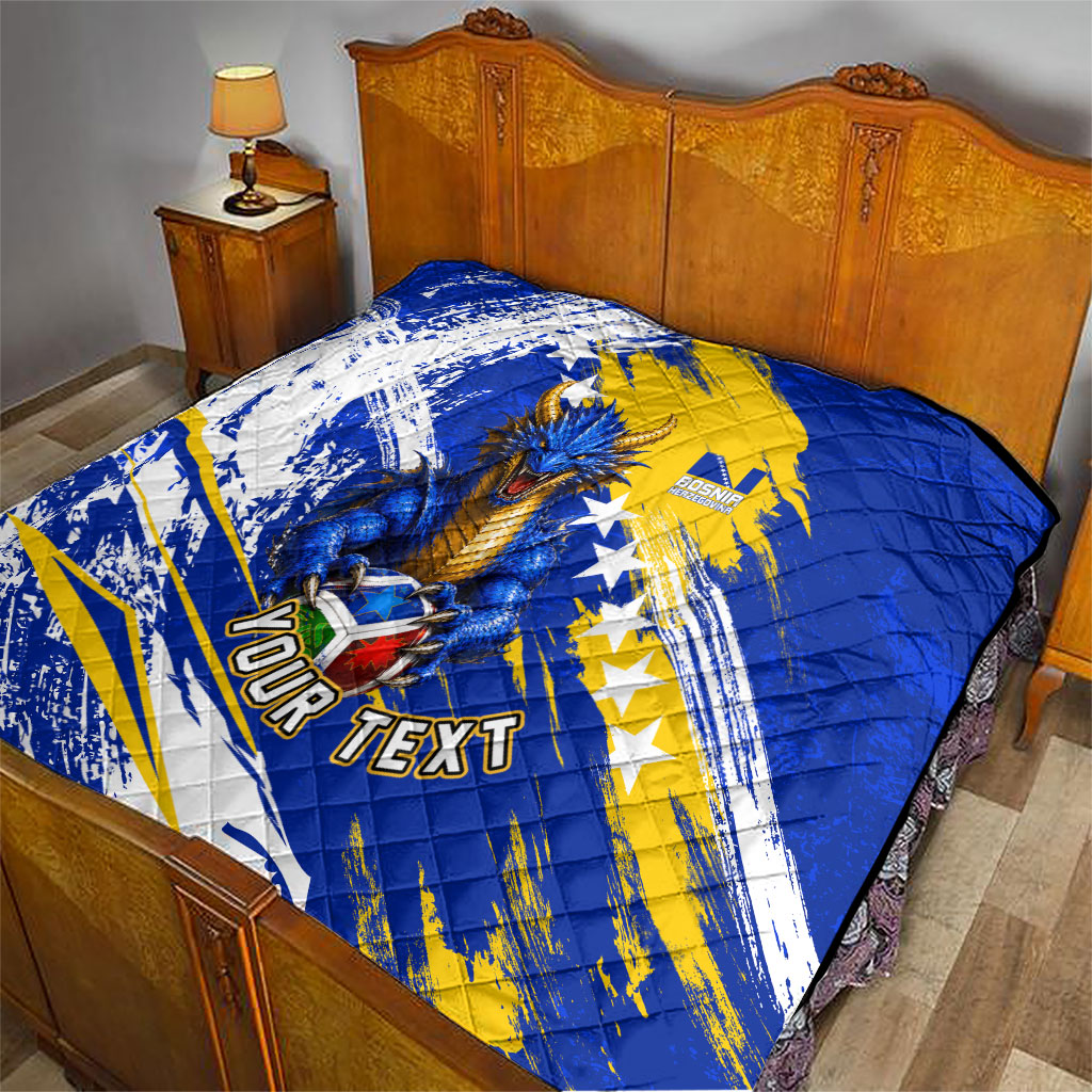 Personalized Bosnia Herzegovina Dragon Soccer Quilt Bosnian Football Flag Stars Fleur De Lis Grunge