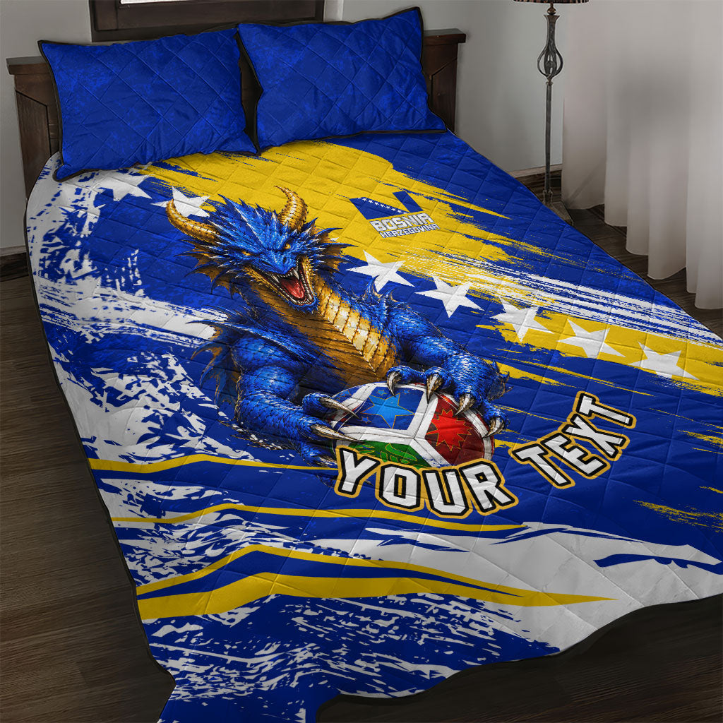 Personalized Bosnia Herzegovina Dragon Soccer Quilt Bed Set Bosnian Football Flag Stars Fleur De Lis Grunge