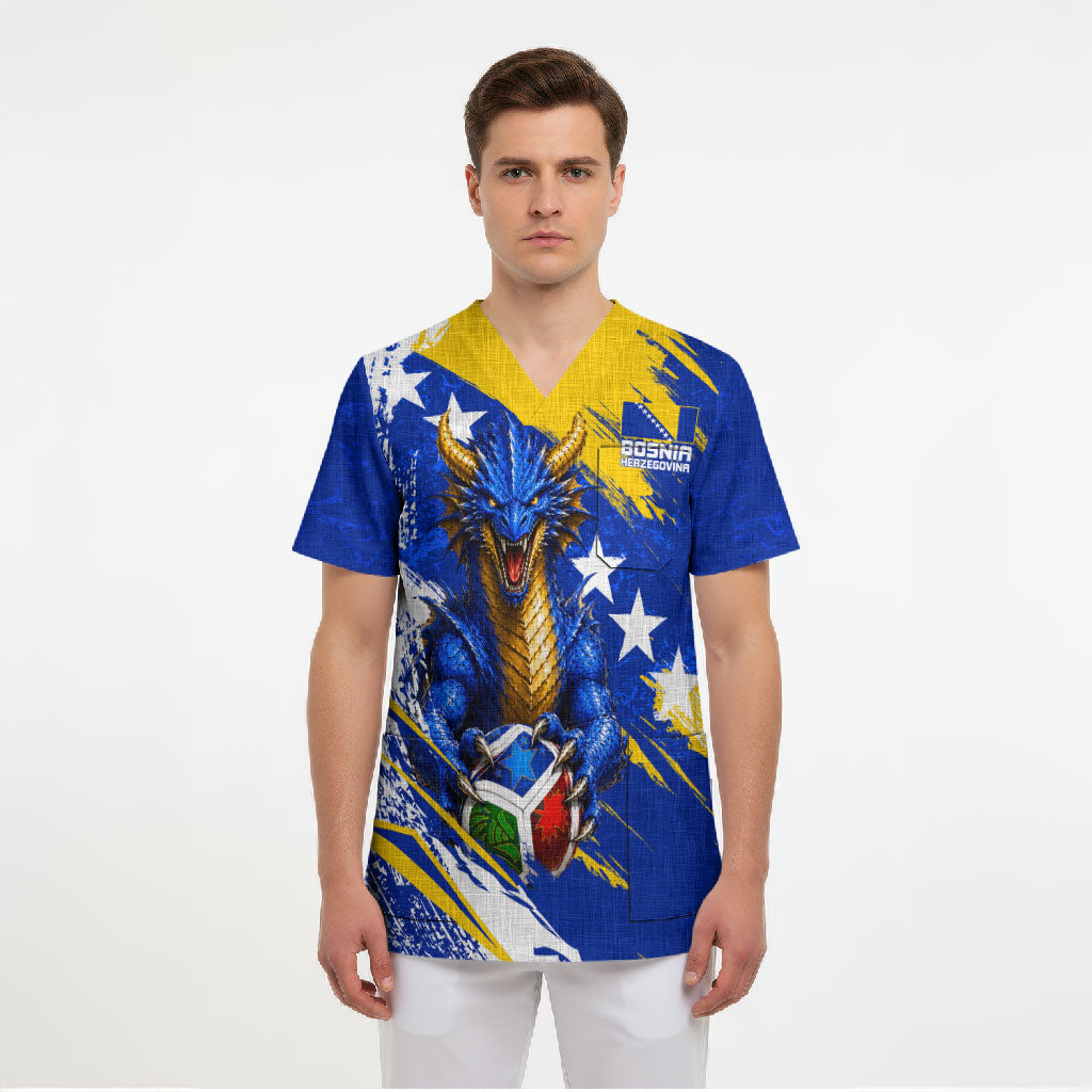 Personalized Bosnia Herzegovina Dragon Soccer Scrub Top Bosnian Football Flag Stars Fleur De Lis Grunge