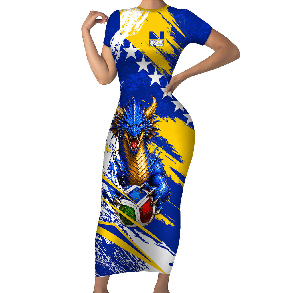 Personalized Bosnia Herzegovina Dragon Soccer Short Sleeve Bodycon Dress Bosnian Football Flag Stars Fleur De Lis Grunge