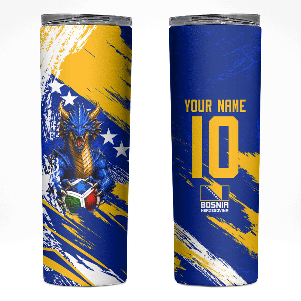 Personalized Bosnia Herzegovina Dragon Soccer Skinny Tumbler Bosnian Football Flag Stars Fleur De Lis Grunge