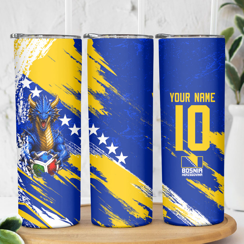 Personalized Bosnia Herzegovina Dragon Soccer Skinny Tumbler Bosnian Football Flag Stars Fleur De Lis Grunge