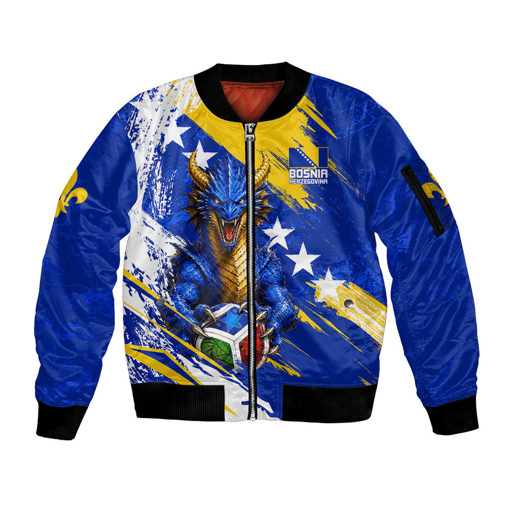 Personalized Bosnia Herzegovina Dragon Soccer Sleeve Zip Bomber Jacket Bosnian Football Flag Stars Fleur De Lis Grunge