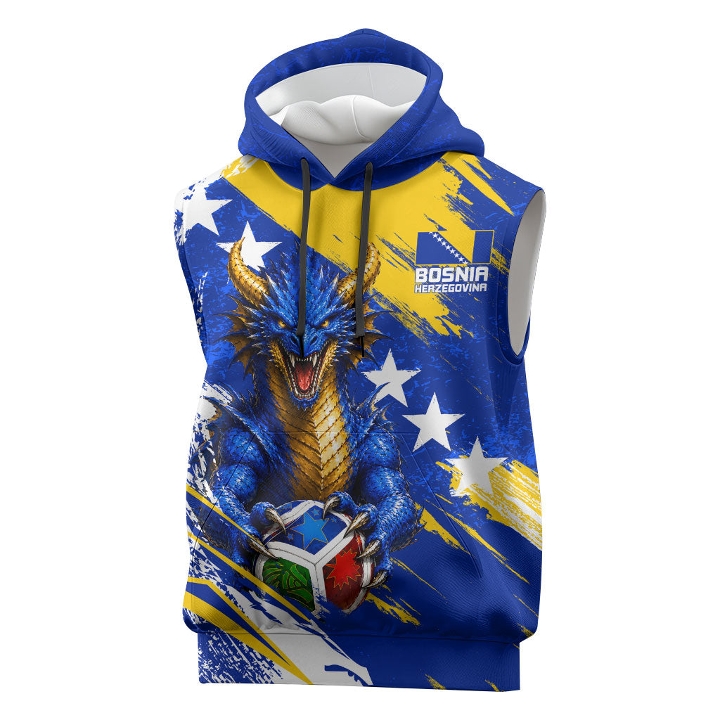Personalized Bosnia Herzegovina Dragon Soccer Sleeveless Hoodie Bosnian Football Flag Stars Fleur De Lis Grunge