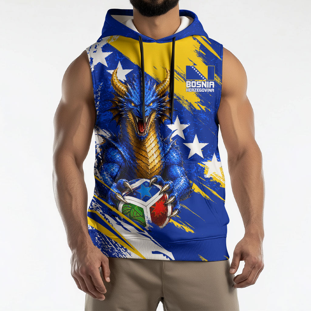 Personalized Bosnia Herzegovina Dragon Soccer Sleeveless Hoodie Bosnian Football Flag Stars Fleur De Lis Grunge