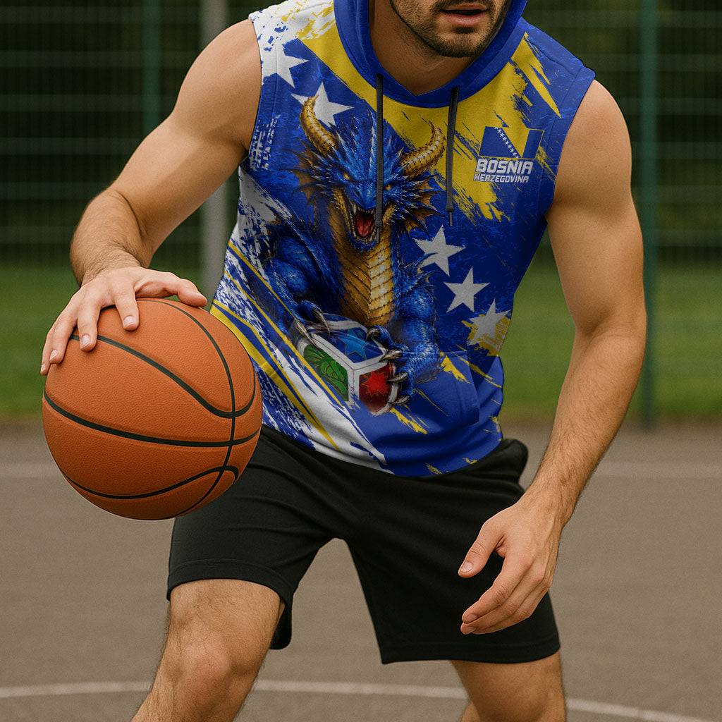 Personalized Bosnia Herzegovina Dragon Soccer Sleeveless Hoodie Bosnian Football Flag Stars Fleur De Lis Grunge