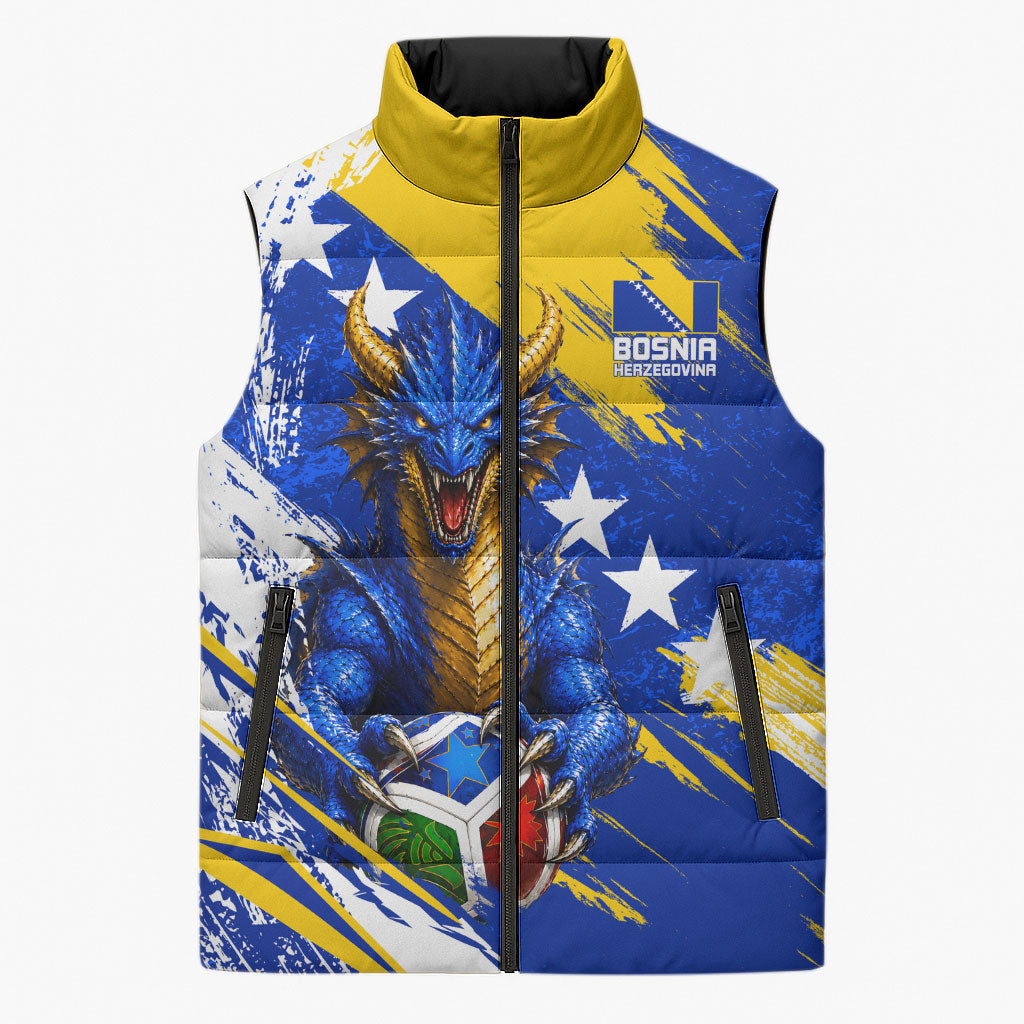 Personalized Bosnia Herzegovina Dragon Soccer Sleeveless Puffer Jacket Bosnian Football Flag Stars Fleur De Lis Grunge