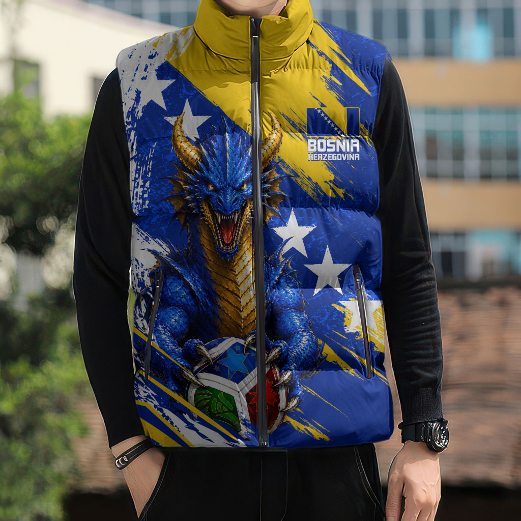 Personalized Bosnia Herzegovina Dragon Soccer Sleeveless Puffer Jacket Bosnian Football Flag Stars Fleur De Lis Grunge