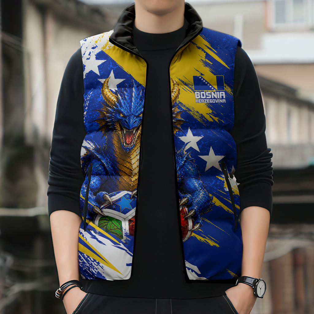 Personalized Bosnia Herzegovina Dragon Soccer Sleeveless Puffer Jacket Bosnian Football Flag Stars Fleur De Lis Grunge