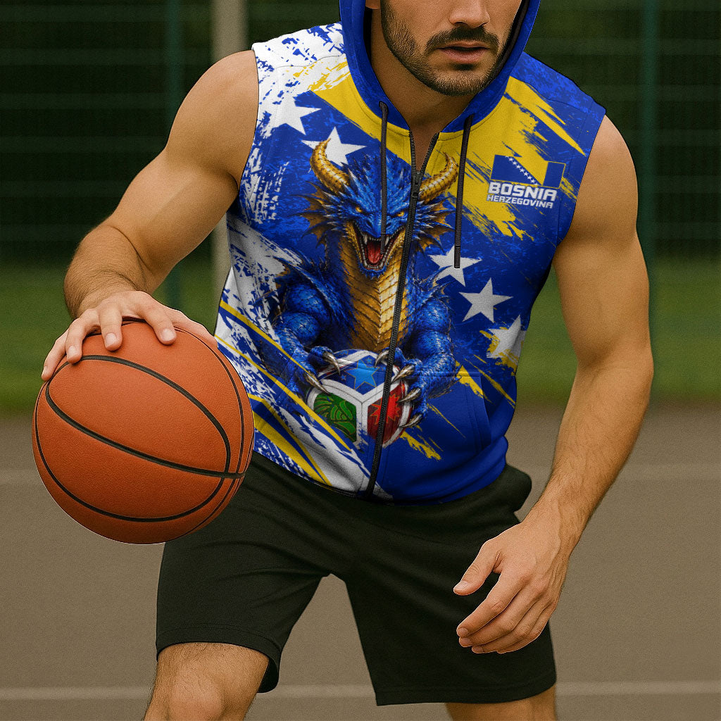 Personalized Bosnia Herzegovina Dragon Soccer Sleeveless Zip Hoodie Bosnian Football Flag Stars Fleur De Lis Grunge