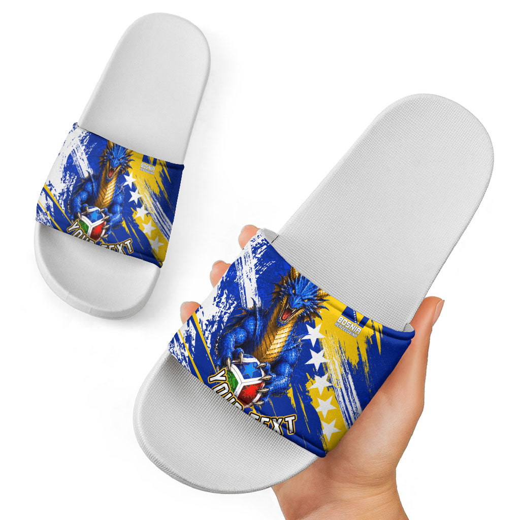Personalized Bosnia Herzegovina Dragon Soccer Slide Sandals Bosnian Football Flag Stars Fleur De Lis Grunge