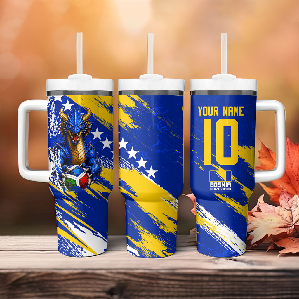 Personalized Bosnia Herzegovina Dragon Soccer Tumbler With Handle Bosnian Football Flag Stars Fleur De Lis Grunge