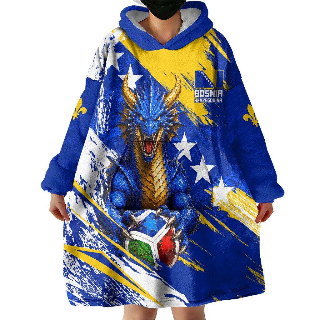 Personalized Bosnia Herzegovina Dragon Soccer Wearable Blanket Hoodie Bosnian Football Flag Stars Fleur De Lis Grunge