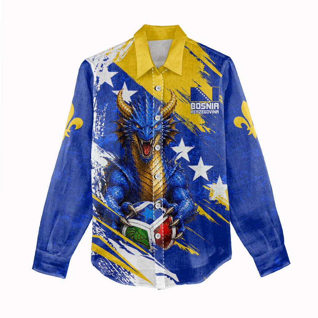 Personalized Bosnia Herzegovina Dragon Soccer Women Casual Shirt Bosnian Football Flag Stars Fleur De Lis Grunge